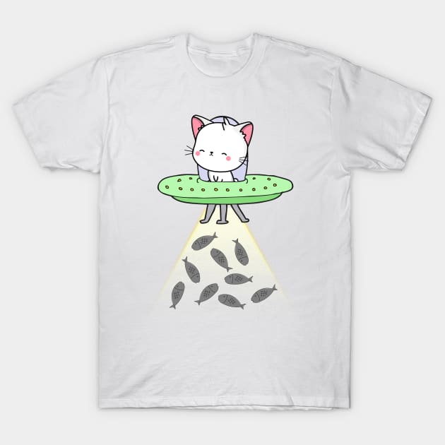 Funny white Cat is flying a spaceship T-Shirt by Pet Station